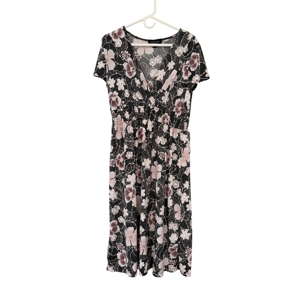 Perceptions New York Floral Smocked Waist Wrap Neck Midi Dress Grey Pink Large